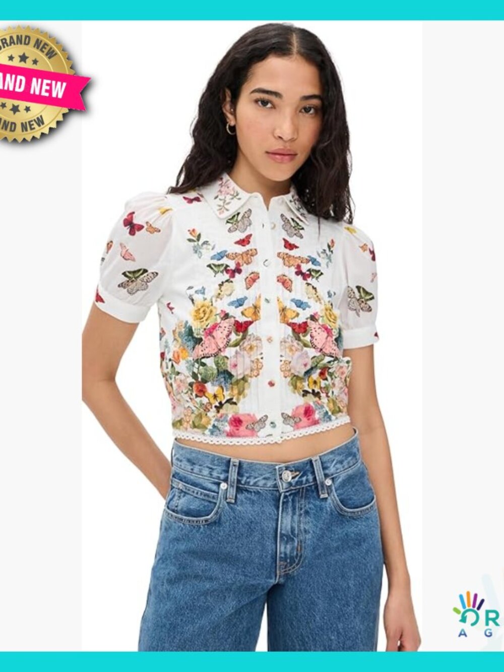 Embroidered Puff Sleeve Cropped Blouse Chic Modern Summer Button Down